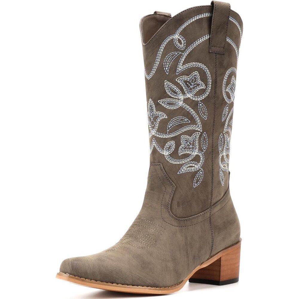 Women's Khaki Pointy Toe Faux Leather Western Cowgirl Mid Calf Boots